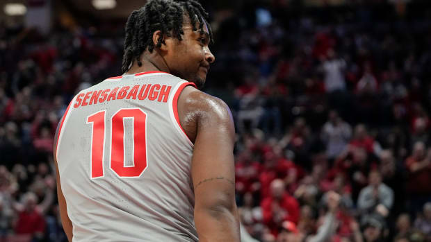 Ohio State Buckeyes forward Brice Sensabaugh (10) reacts to making a shot and being fouled during the NCAA men's basketball game against the Purdue Boilermakers at Value City Arena. Purdue won 71-69.